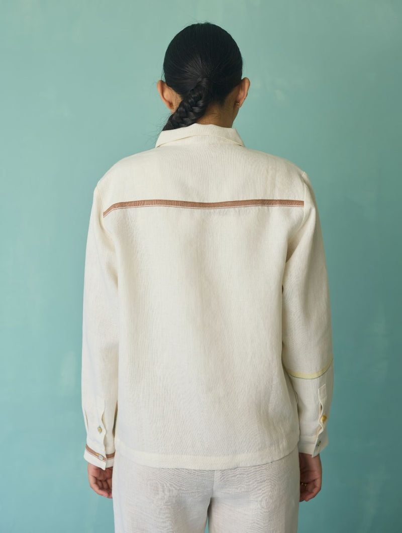 Della Border Linen Jacket - Ivory linen jacket/overlay by Manan in ivory for women Worldwide