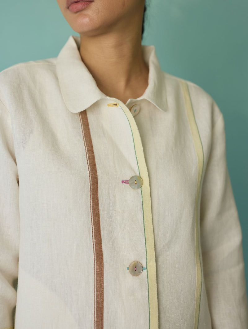 Della Border Linen Jacket - Ivory linen jacket/overlay by Manan in ivory for women Worldwide