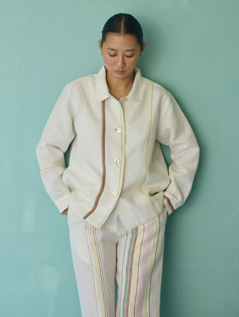 Della Border Linen Jacket - Ivory linen jacket/overlay by Manan in ivory for women Worldwide