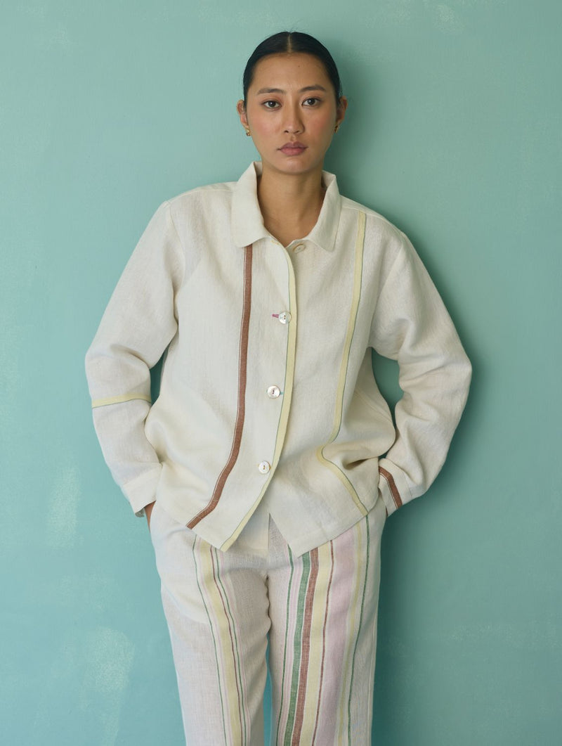 Della Border Linen Jacket - Ivory linen jacket/overlay by Manan in ivory for women Worldwide