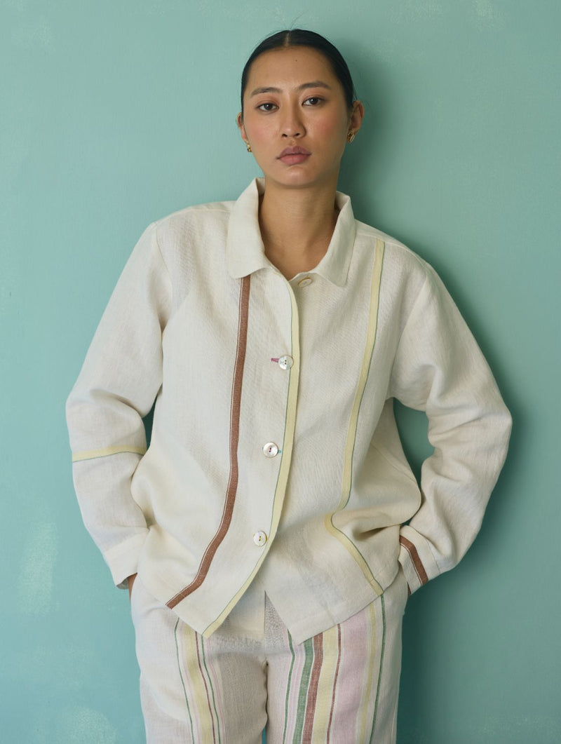 Della Border Linen Jacket - Ivory linen jacket/overlay by Manan in ivory for women Worldwide