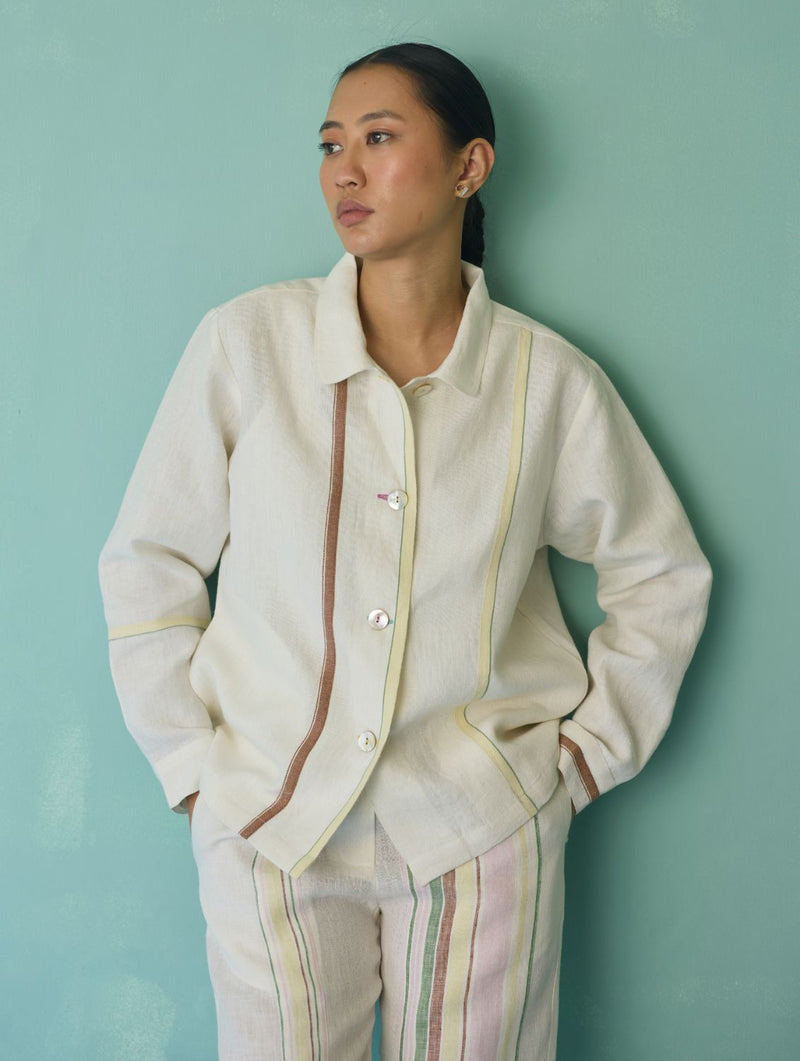 Della Border Linen Jacket - Ivory linen jacket/overlay by Manan in ivory for women Worldwide
