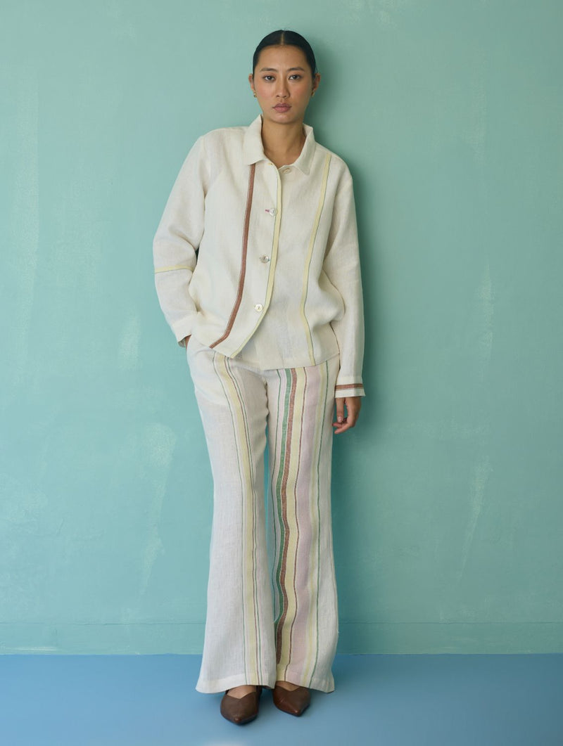 Della Border Linen Jacket - Ivory linen jacket/overlay by Manan in ivory for women Worldwide