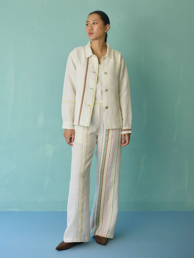 Della Border Linen Jacket - Ivory linen jacket/overlay by Manan in ivory for women Worldwide