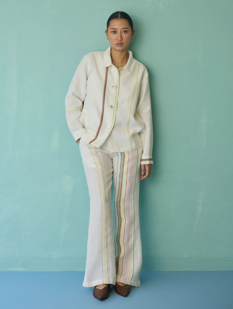 Della Border Linen Jacket - Ivory linen jacket/overlay by Manan in ivory for women Worldwide