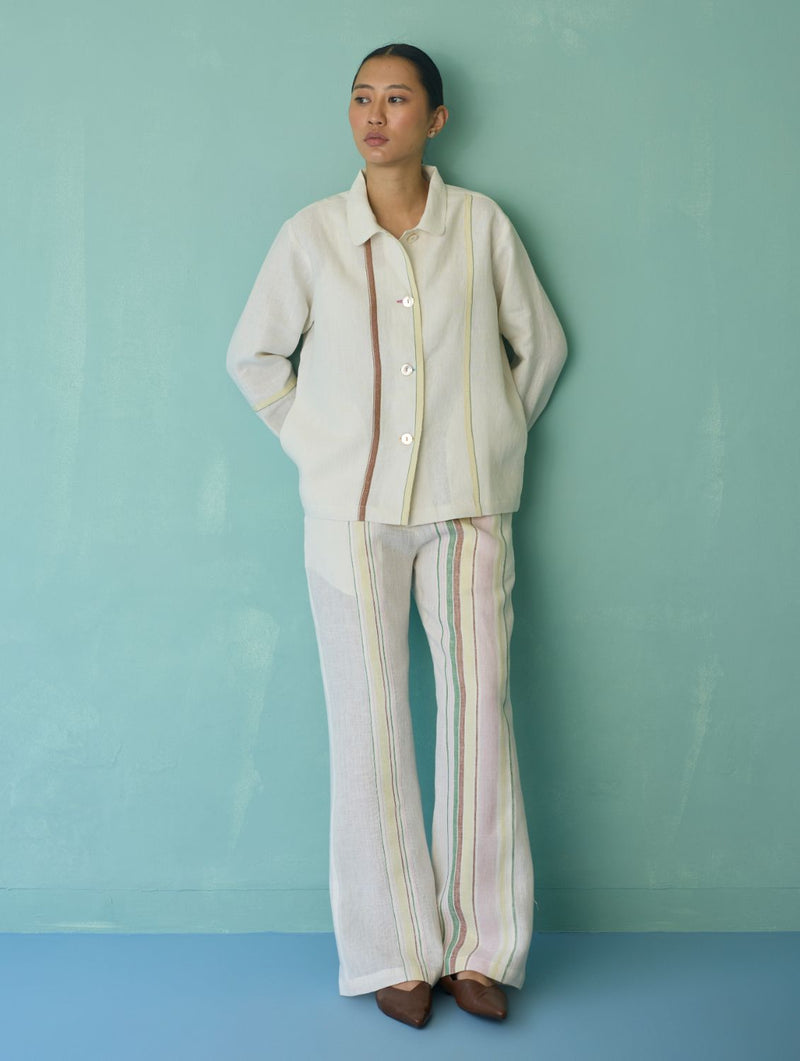 Della Border Linen Jacket - Ivory linen jacket/overlay by Manan in ivory for women Worldwide