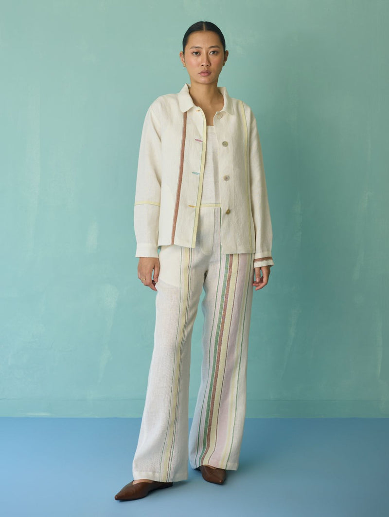 Della Border Linen Jacket - Ivory linen jacket/overlay by Manan in ivory for women Worldwide