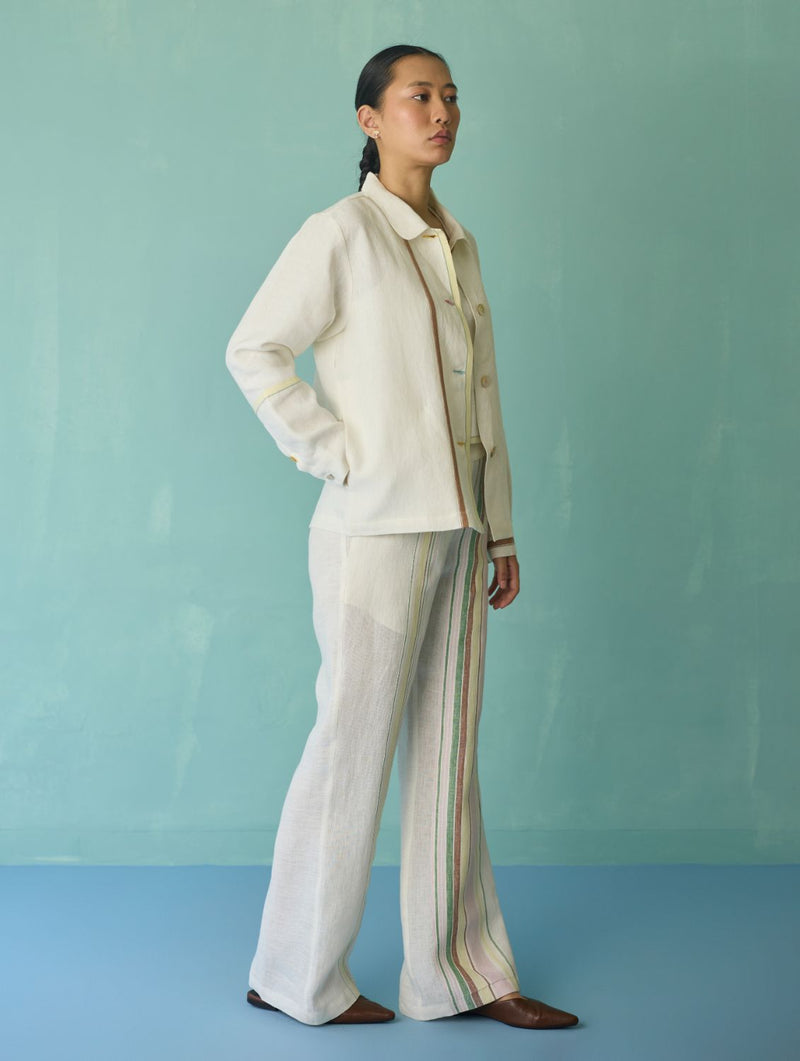 Della Border Linen Jacket - Ivory linen jacket/overlay by Manan in ivory for women Worldwide