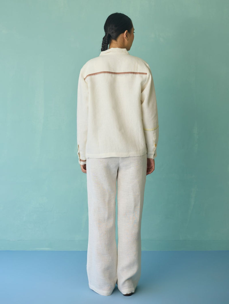 Della Border Linen Jacket - Ivory linen jacket/overlay by Manan in ivory for women Worldwide