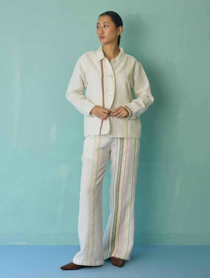 Della Border Linen Jacket - Ivory linen jacket/overlay by Manan in ivory for women Worldwide