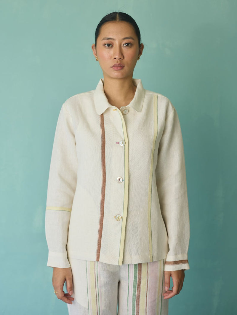Della Border Linen Jacket - Ivory linen jacket/overlay by Manan in ivory for women Worldwide