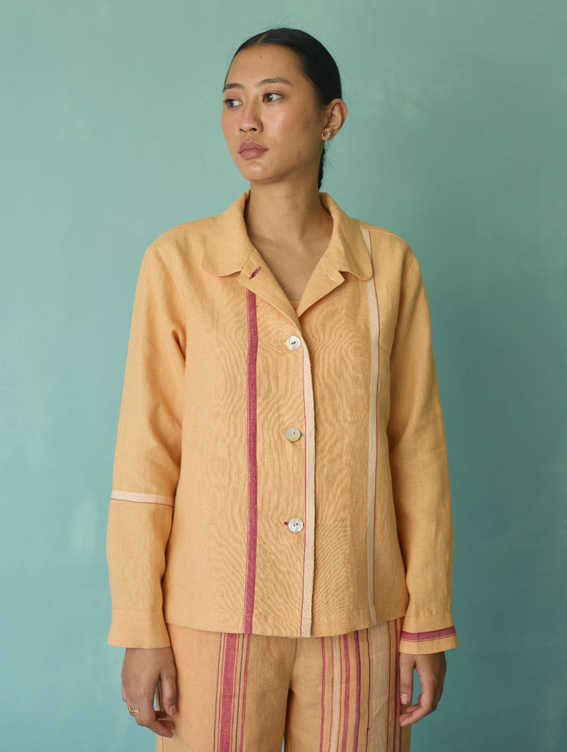Della Border Linen Jacket - Apricot linen jacket/overlay by Manan in apricot for women Worldwide