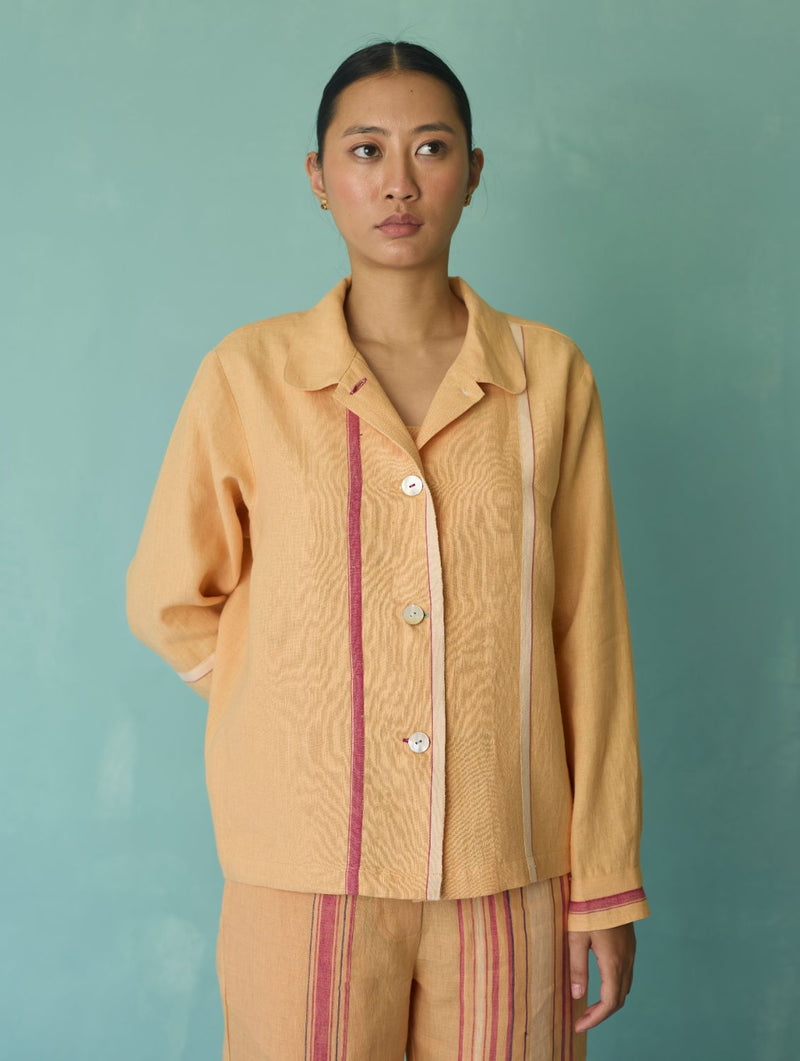 Della Border Linen Jacket - Apricot linen jacket/overlay by Manan in apricot for women Worldwide