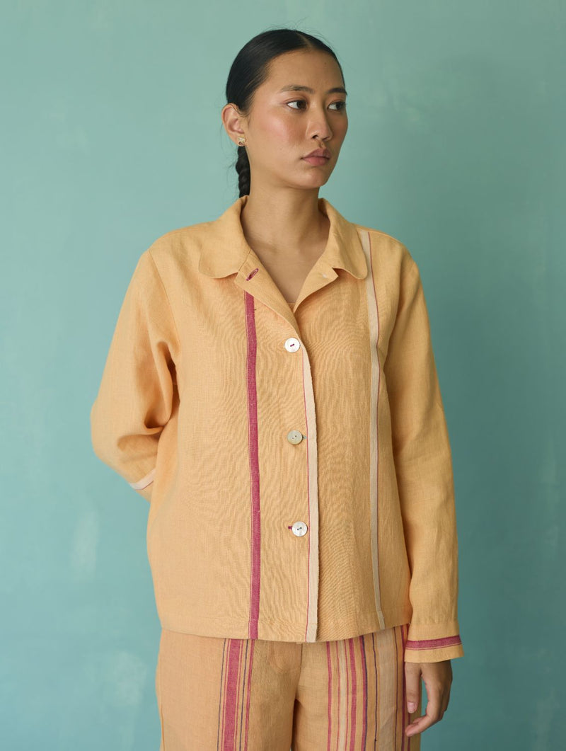 Della Border Linen Jacket - Apricot linen jacket/overlay by Manan in apricot for women Worldwide