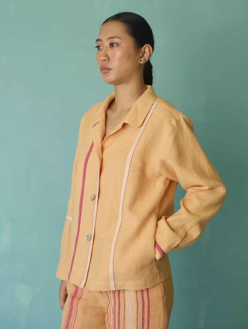 Della Border Linen Jacket - Apricot linen jacket/overlay by Manan in apricot for women Worldwide