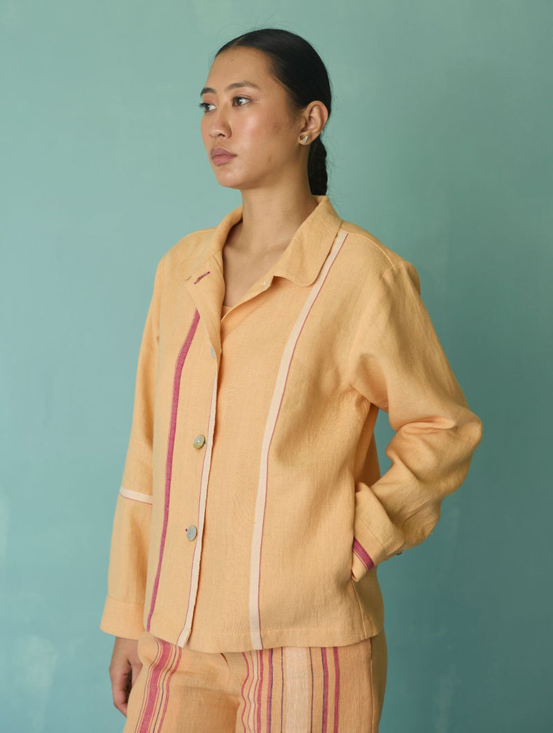 Della Border Linen Jacket - Apricot linen jacket/overlay by Manan in apricot for women Worldwide