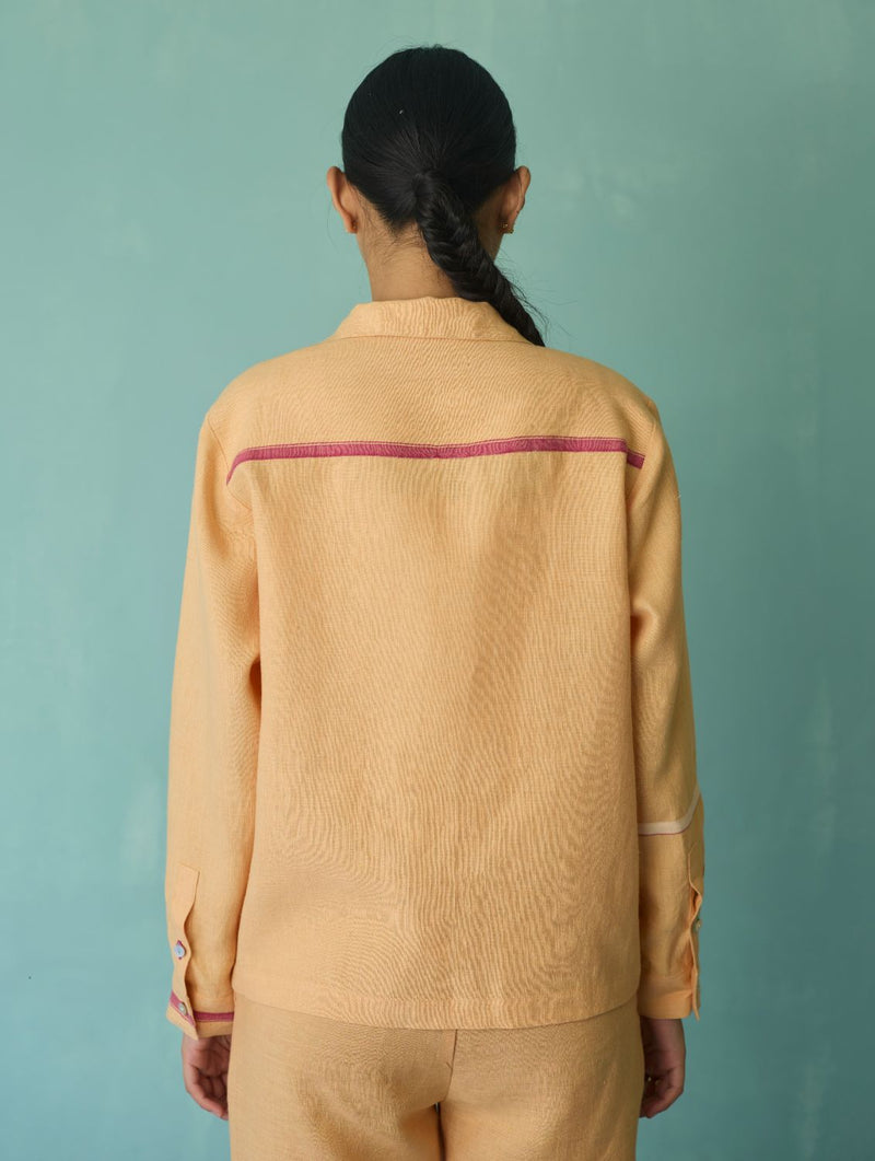 Della Border Linen Jacket - Apricot linen jacket/overlay by Manan in apricot for women Worldwide