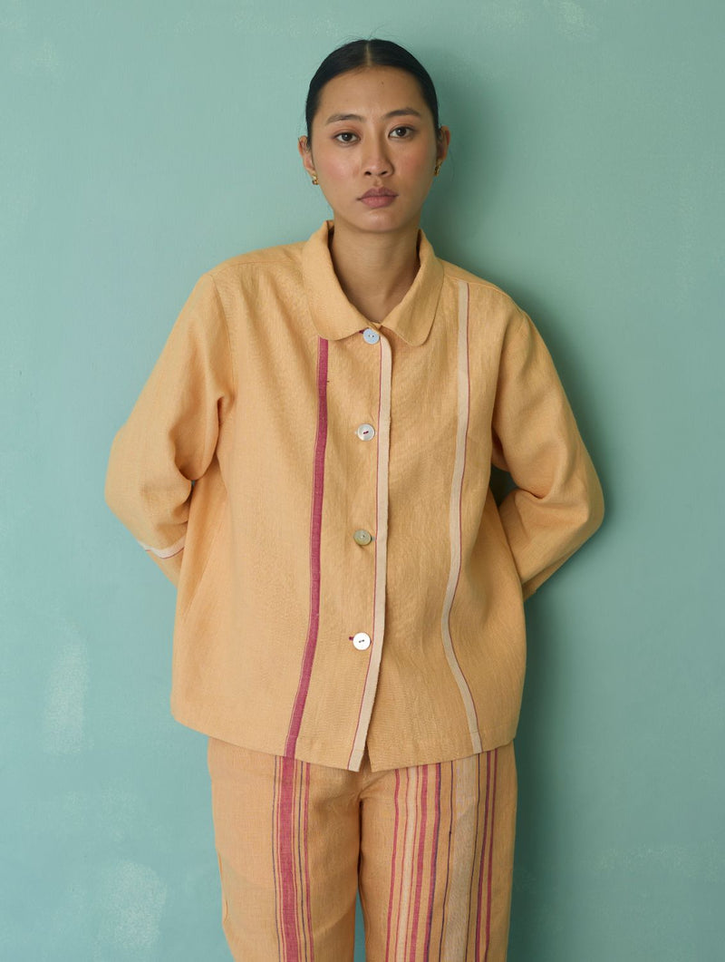 Della Border Linen Jacket - Apricot linen jacket/overlay by Manan in apricot for women Worldwide