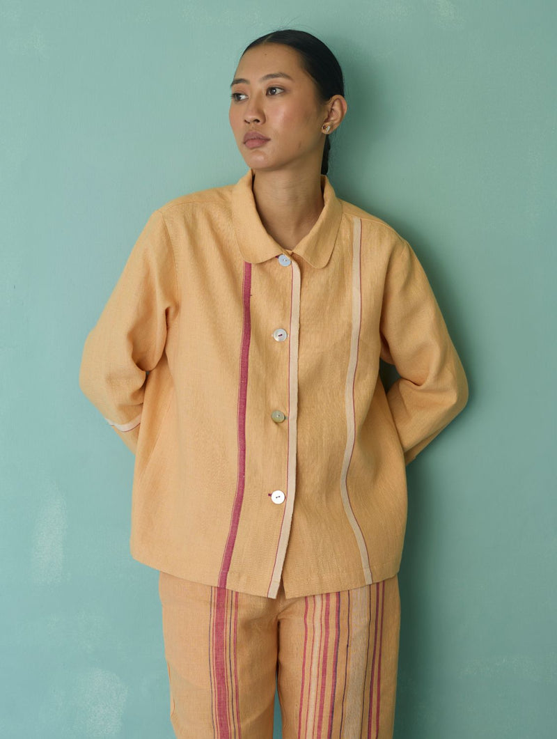 Della Border Linen Jacket - Apricot linen jacket/overlay by Manan in apricot for women Worldwide