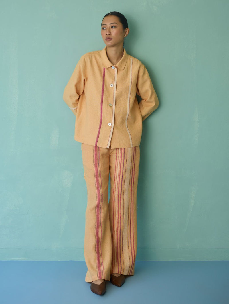 Della Border Linen Jacket - Apricot linen jacket/overlay by Manan in apricot for women Worldwide