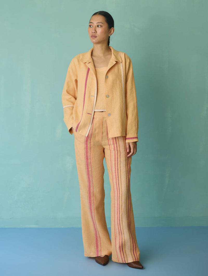 Della Border Linen Jacket - Apricot linen jacket/overlay by Manan in apricot for women Worldwide