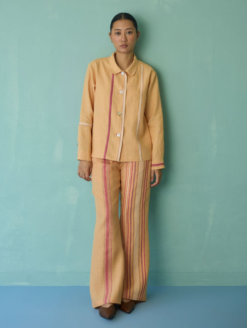 Della Border Linen Jacket - Apricot linen jacket/overlay by Manan in apricot for women Worldwide
