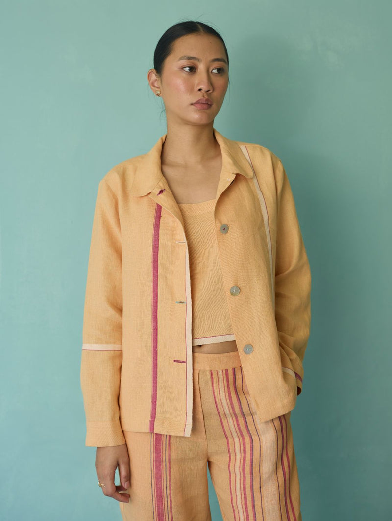 Della Border Linen Jacket - Apricot linen jacket/overlay by Manan in apricot for women Worldwide