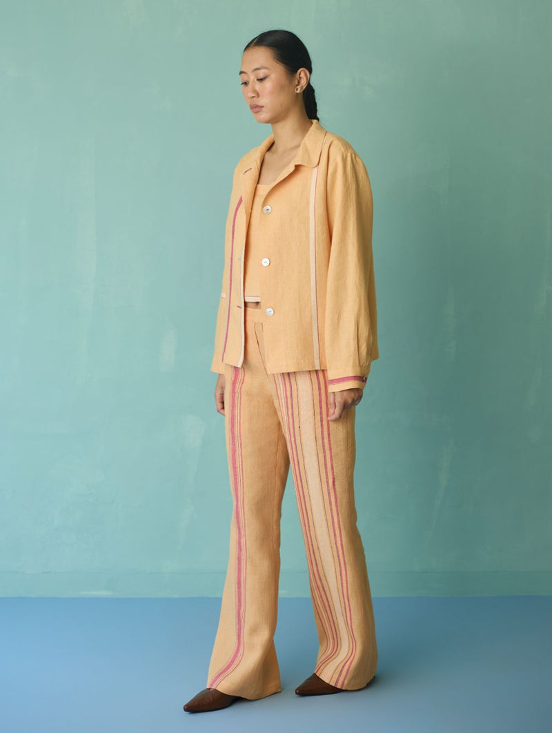 Della Border Linen Jacket - Apricot linen jacket/overlay by Manan in apricot for women Worldwide