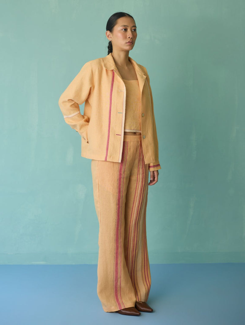 Della Border Linen Jacket - Apricot linen jacket/overlay by Manan in apricot for women Worldwide