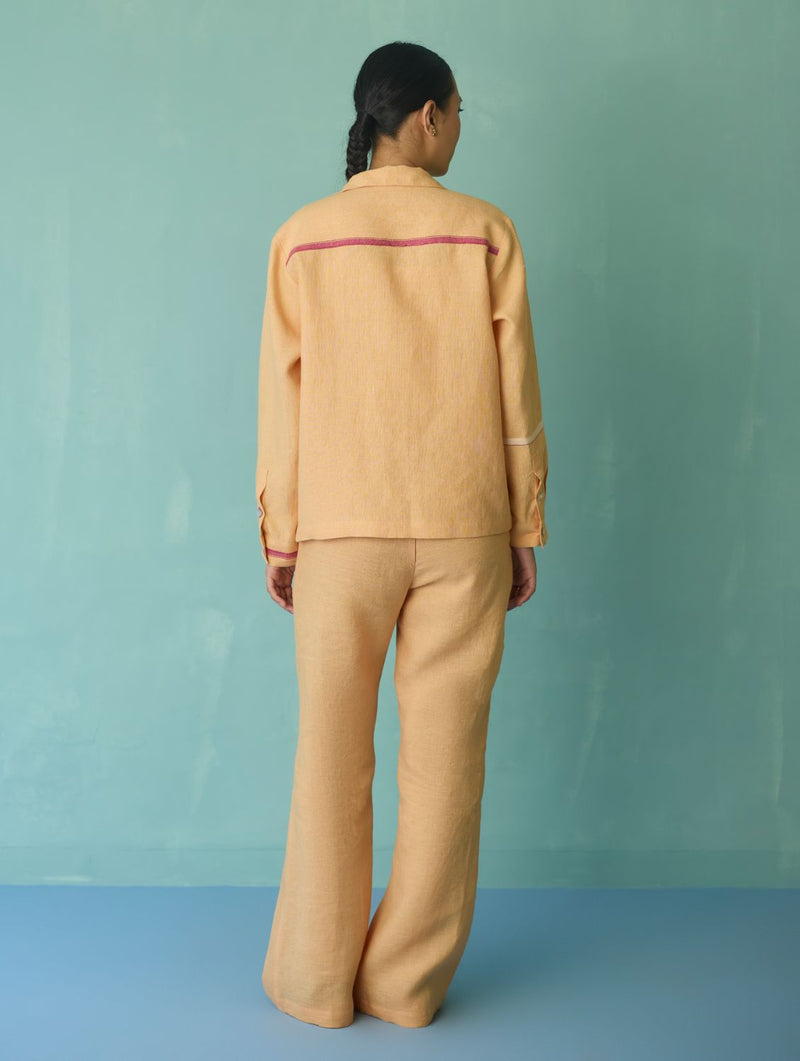 Della Border Linen Jacket - Apricot linen jacket/overlay by Manan in apricot for women Worldwide