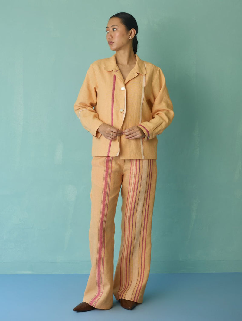 Della Border Linen Jacket - Apricot linen jacket/overlay by Manan in apricot for women Worldwide