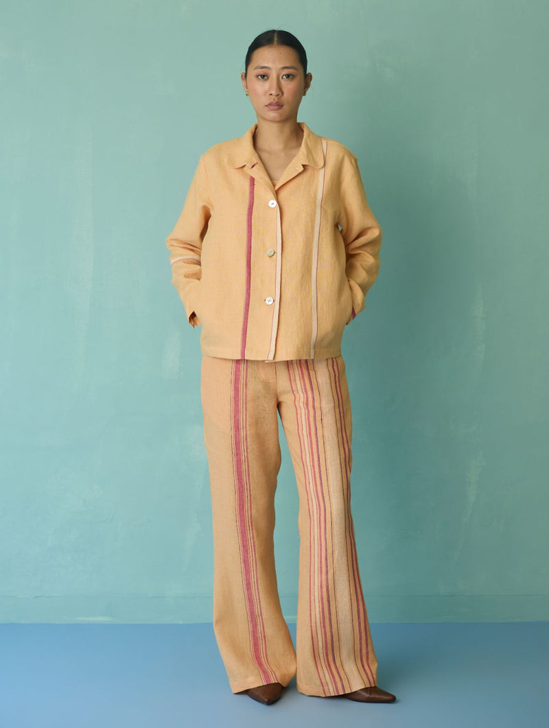 Della Border Linen Jacket - Apricot linen jacket/overlay by Manan in apricot for women Worldwide
