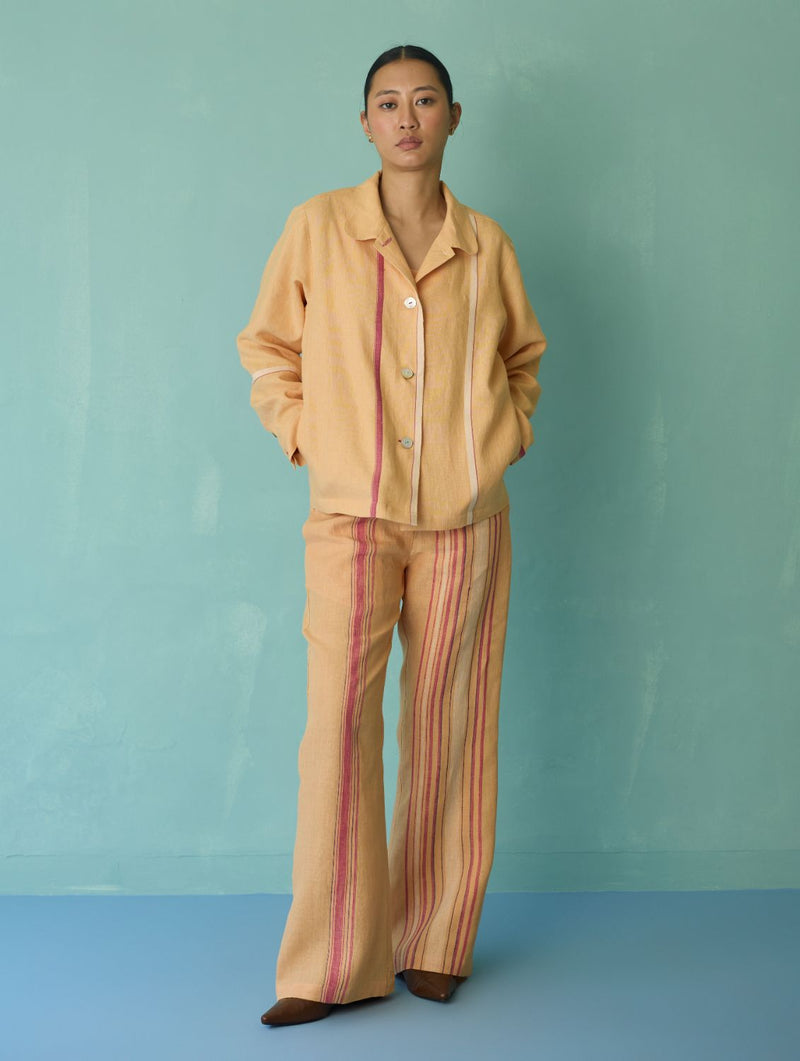 Della Border Linen Jacket - Apricot linen jacket/overlay by Manan in apricot for women Worldwide