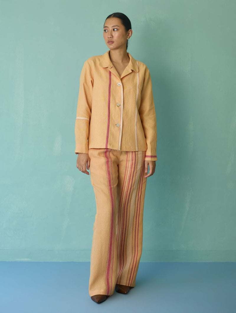 Della Border Linen Jacket - Apricot linen jacket/overlay by Manan in apricot for women Worldwide
