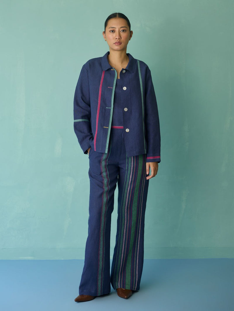 Della Border Linen Jacket - Indigo linen jacket/overlay by Manan in navy for women Worldwide