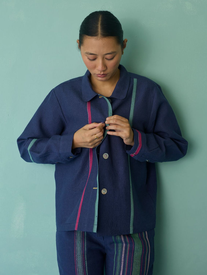 Della Border Linen Jacket - Indigo linen jacket/overlay by Manan in navy for women Worldwide