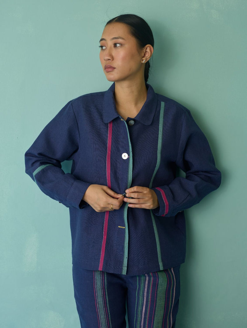 Della Border Linen Jacket - Indigo linen jacket/overlay by Manan in navy for women Worldwide