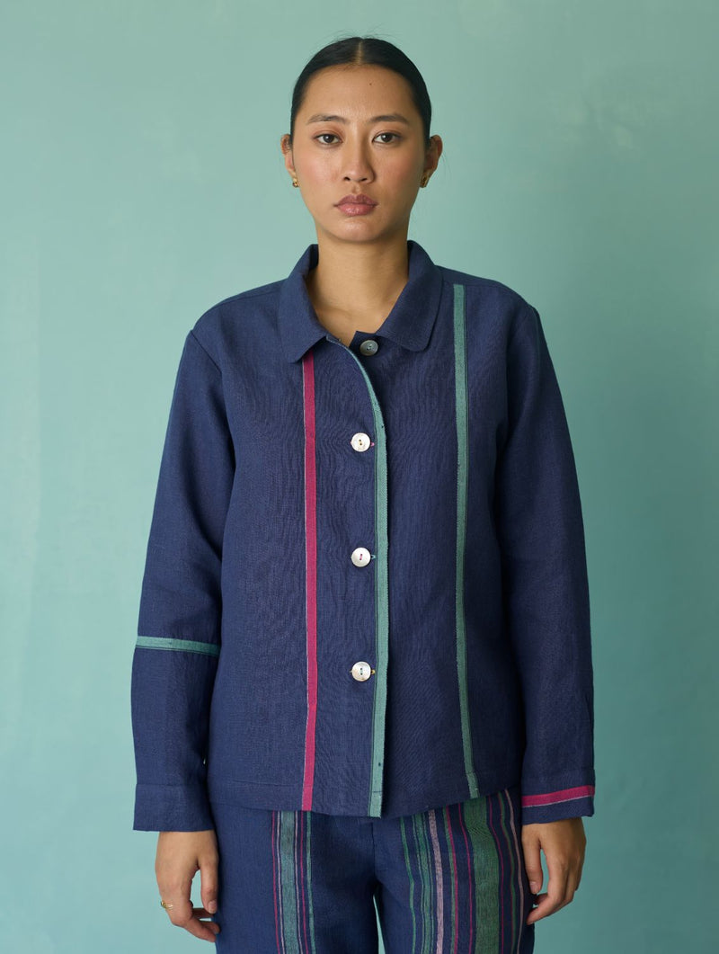 Della Border Linen Jacket - Indigo linen jacket/overlay by Manan in navy for women Worldwide