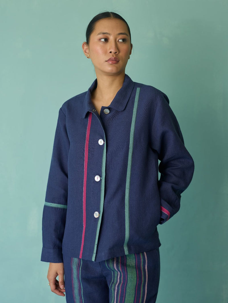 Della Border Linen Jacket - Indigo linen jacket/overlay by Manan in navy for women Worldwide