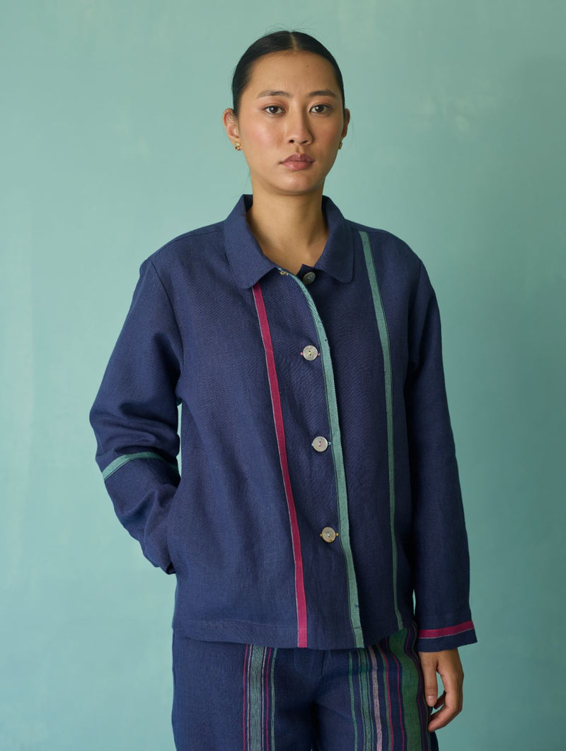 Della Border Linen Jacket - Indigo linen jacket/overlay by Manan in navy for women Worldwide