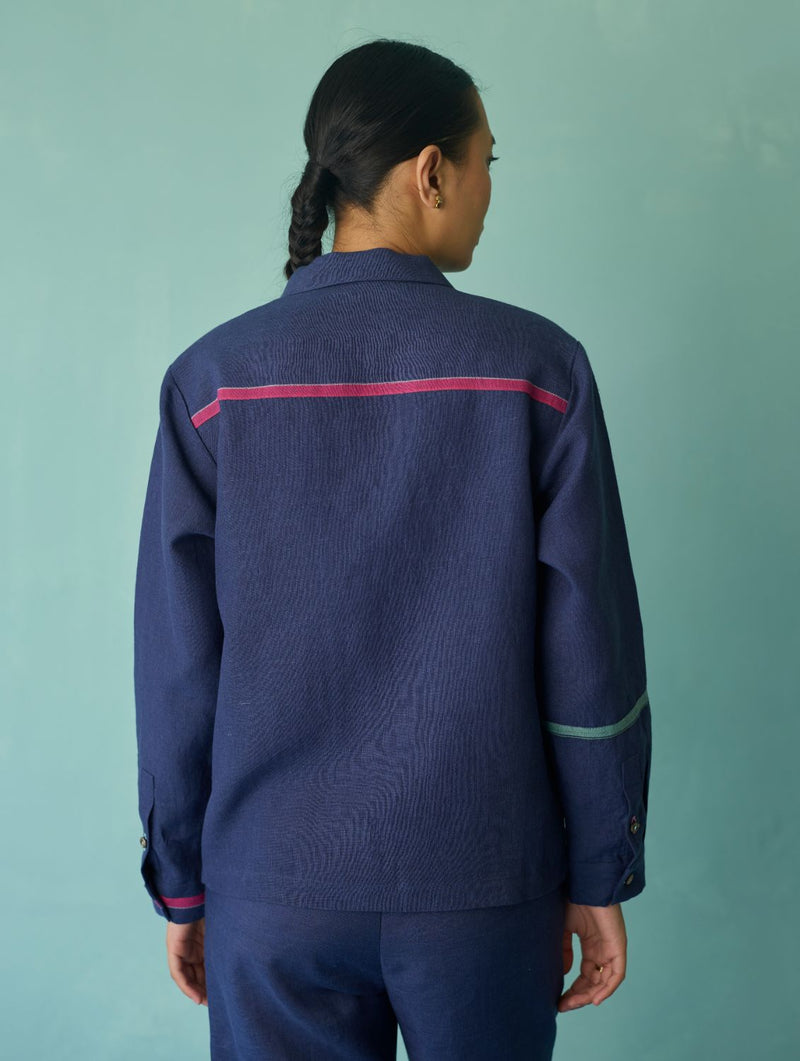 Della Border Linen Jacket - Indigo linen jacket/overlay by Manan in navy for women Worldwide