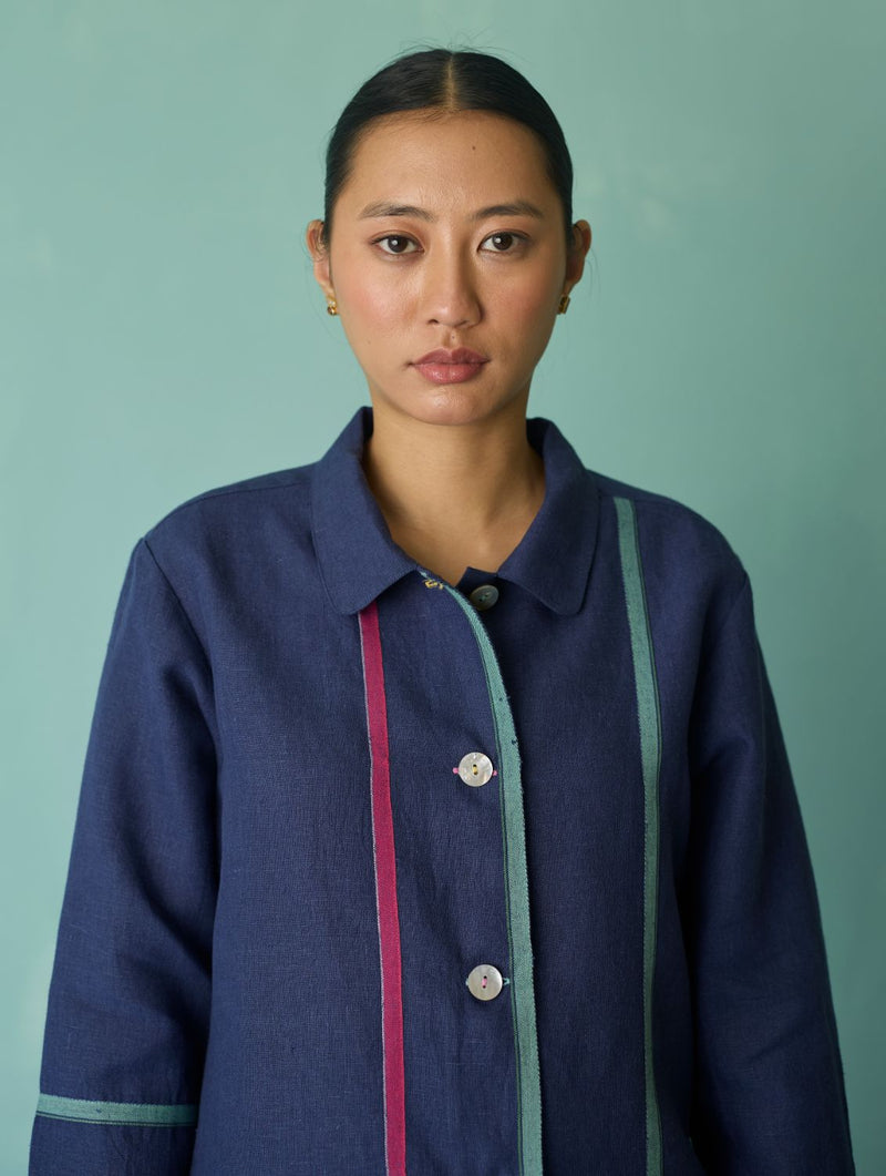 Della Border Linen Jacket - Indigo linen jacket/overlay by Manan in navy for women Worldwide