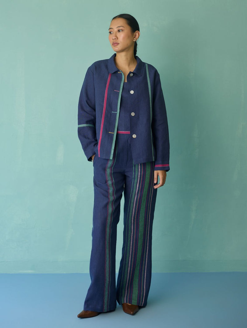 Della Border Linen Jacket - Indigo linen jacket/overlay by Manan in navy for women Worldwide