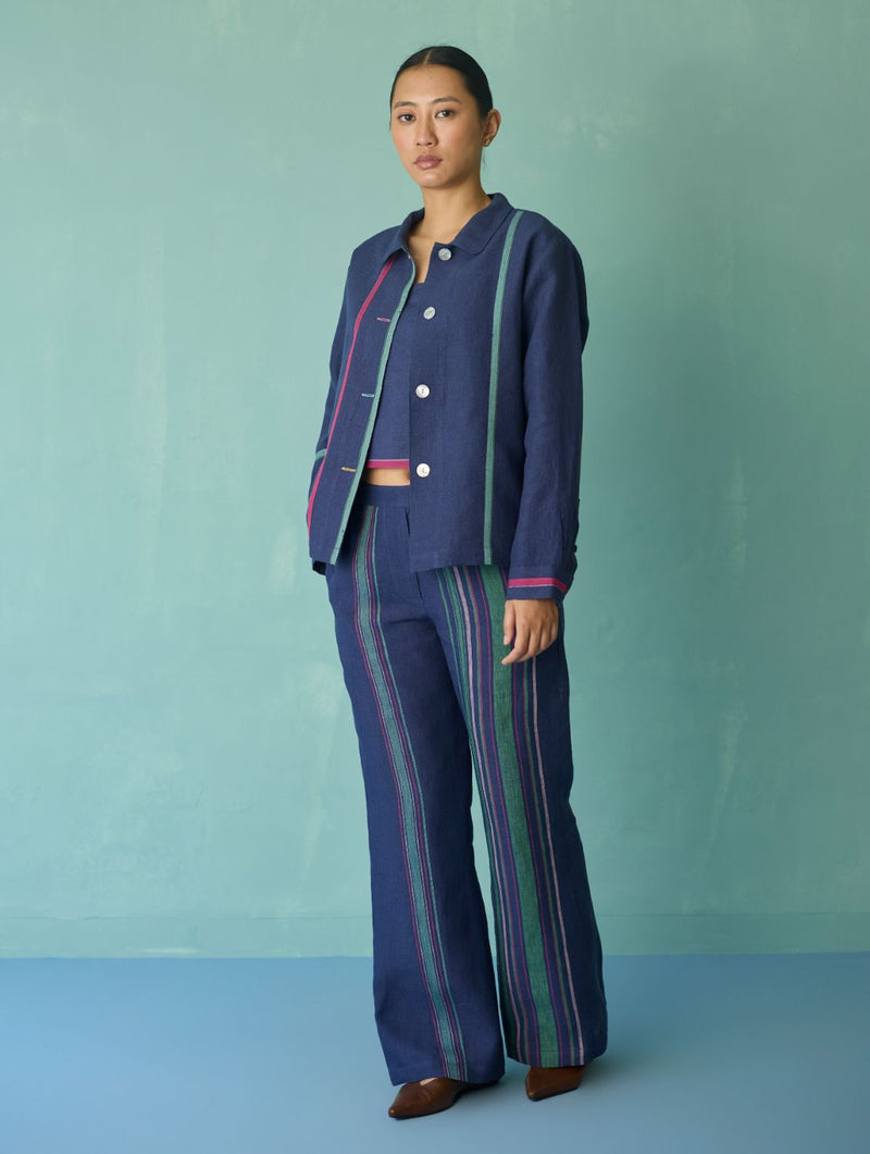 Della Border Linen Jacket - Indigo linen jacket/overlay by Manan in navy for women Worldwide