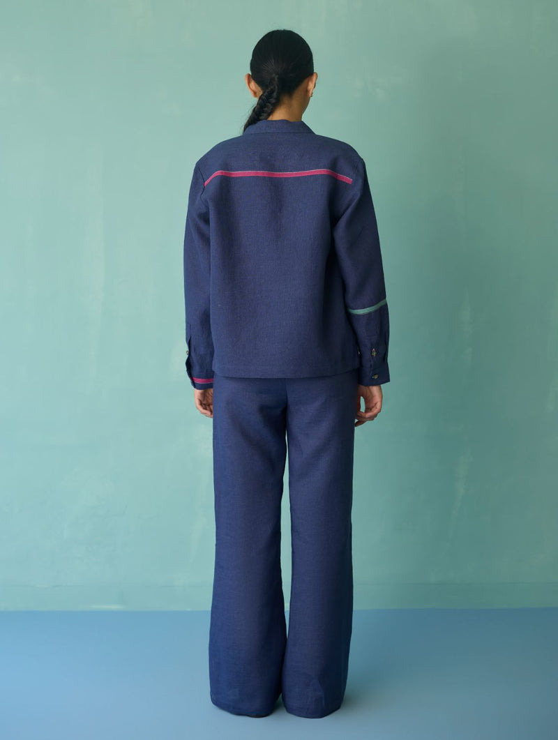 Della Border Linen Jacket - Indigo linen jacket/overlay by Manan in navy for women Worldwide