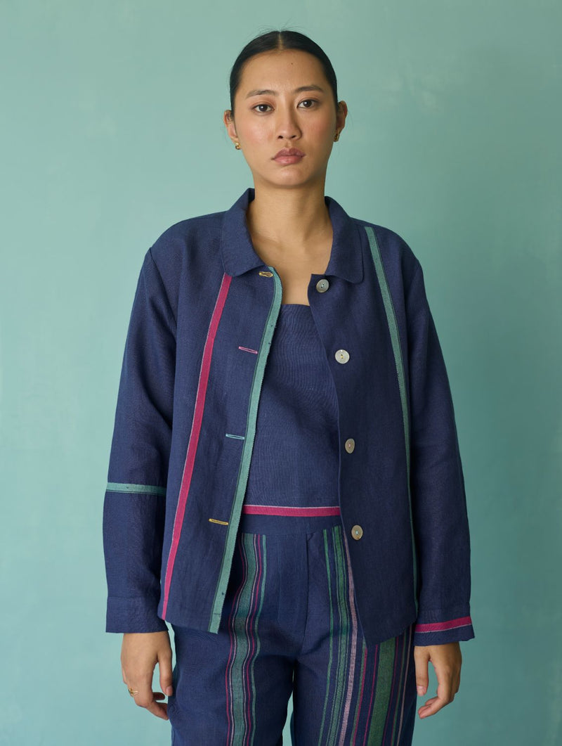 Della Border Linen Jacket - Indigo linen jacket/overlay by Manan in navy for women Worldwide