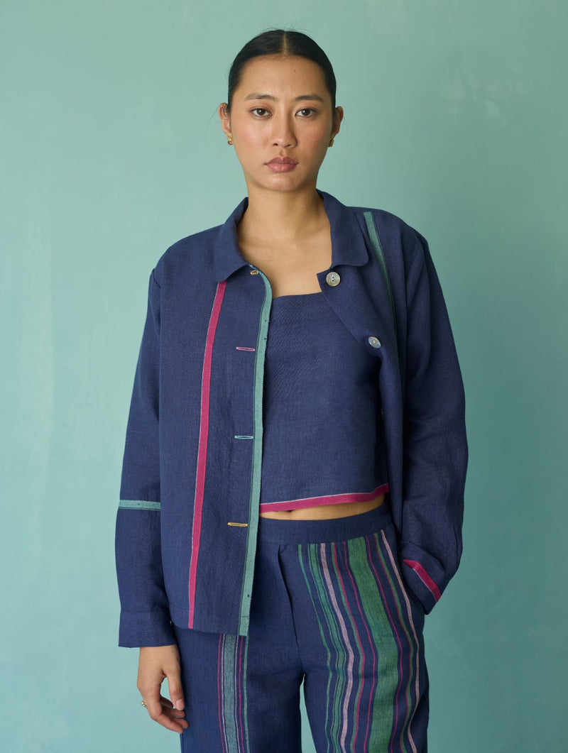 Della Border Linen Jacket - Indigo linen jacket/overlay by Manan in navy for women Worldwide