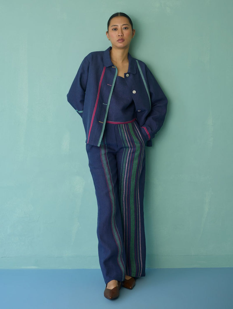 Della Border Linen Jacket - Indigo linen jacket/overlay by Manan in navy for women Worldwide