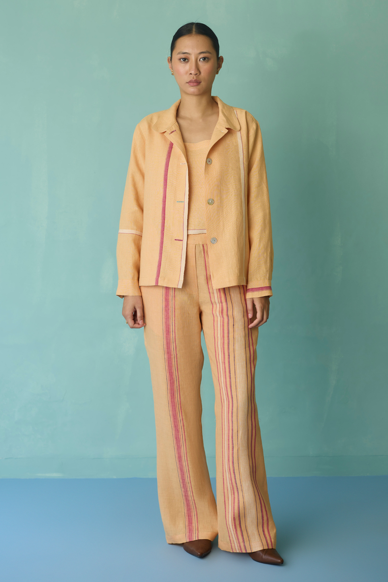 Della Border Linen Jacket - Apricot linen jacket/overlay by Manan in apricot for women Worldwide