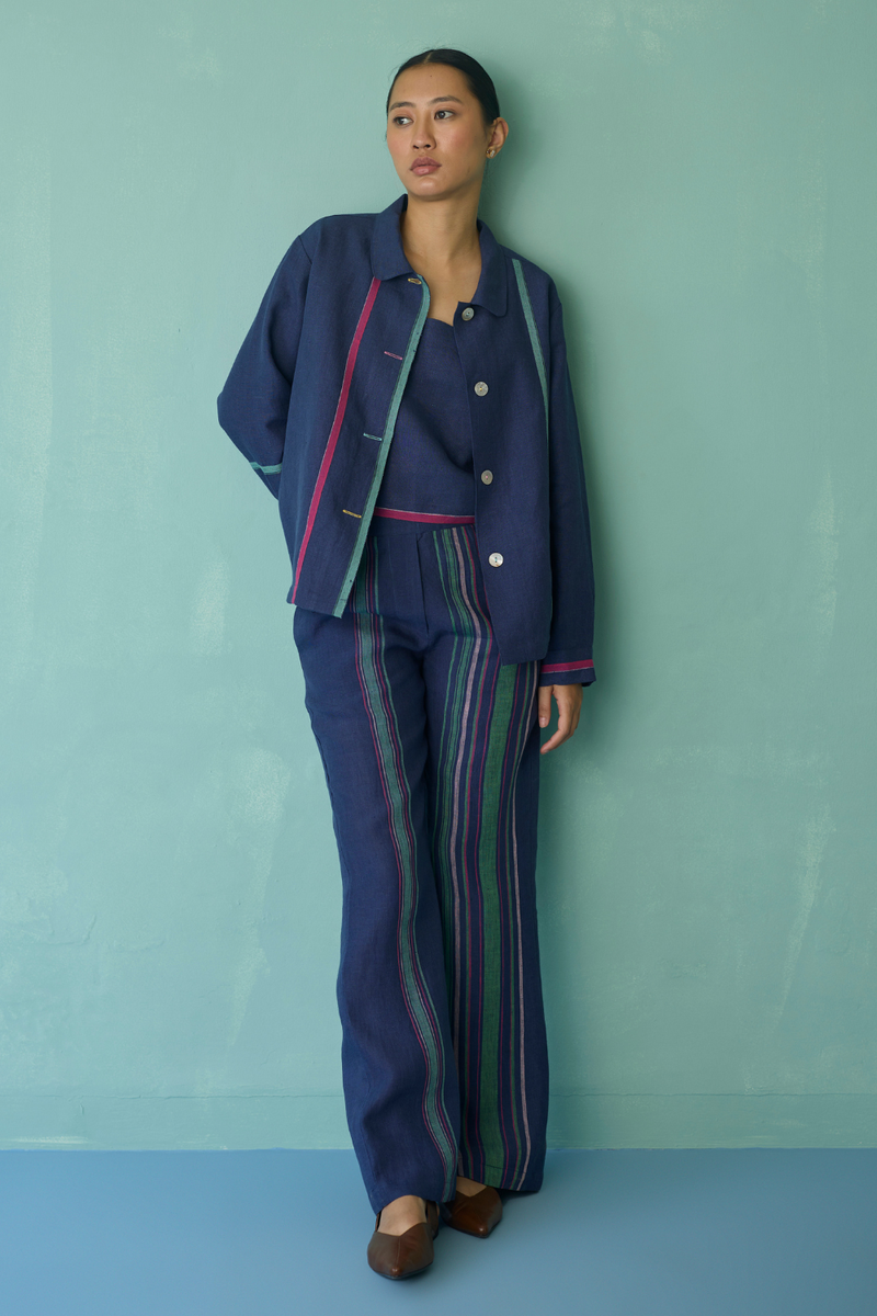 Della Border Linen Jacket - Indigo linen jacket/overlay by Manan in navy for women Worldwide
